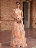 Vestido Esther con cuello halter y estampado de acuarela.