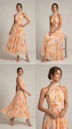 Vestido Esther con cuello halter y estampado de acuarela.