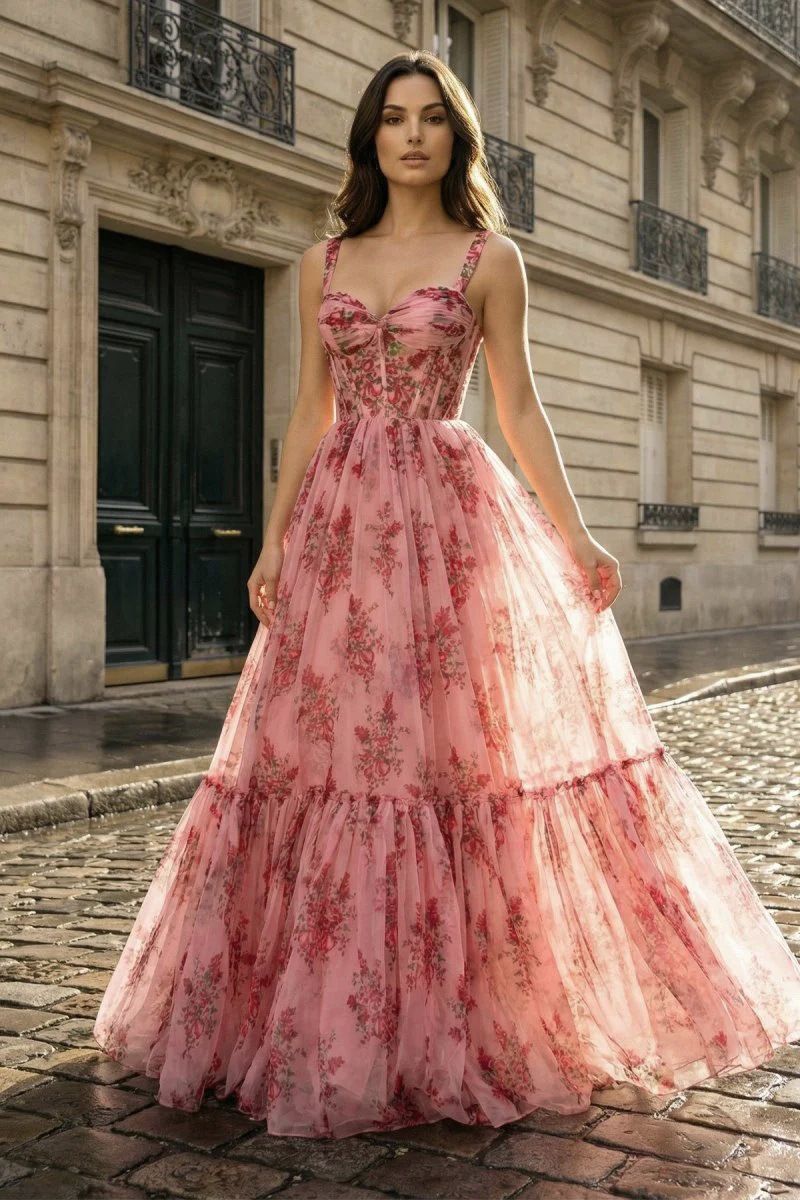 Vestido largo de tul con volantes y capas Elysian