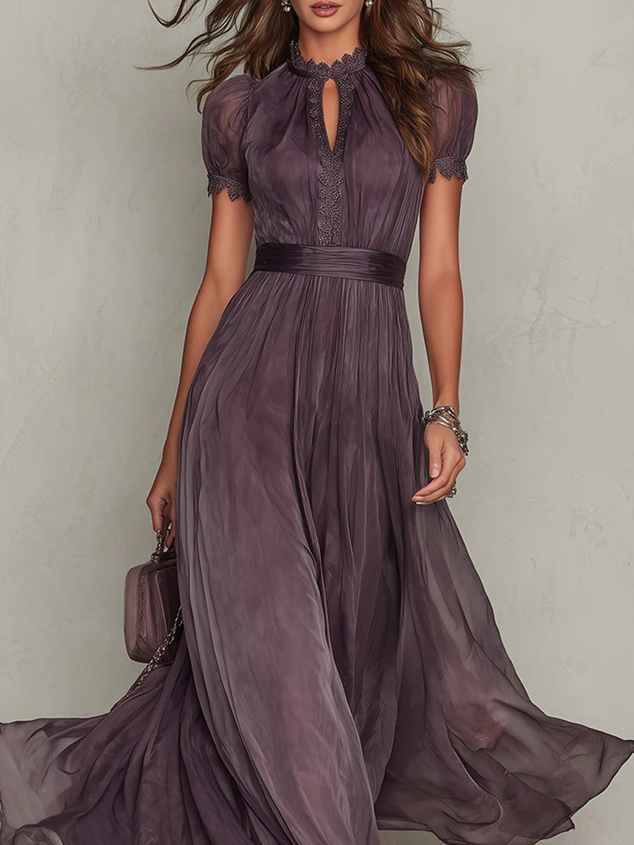 Florbela - Vestido largo de gasa morada con encaje y escote estilo ojo de cerradura vintage.