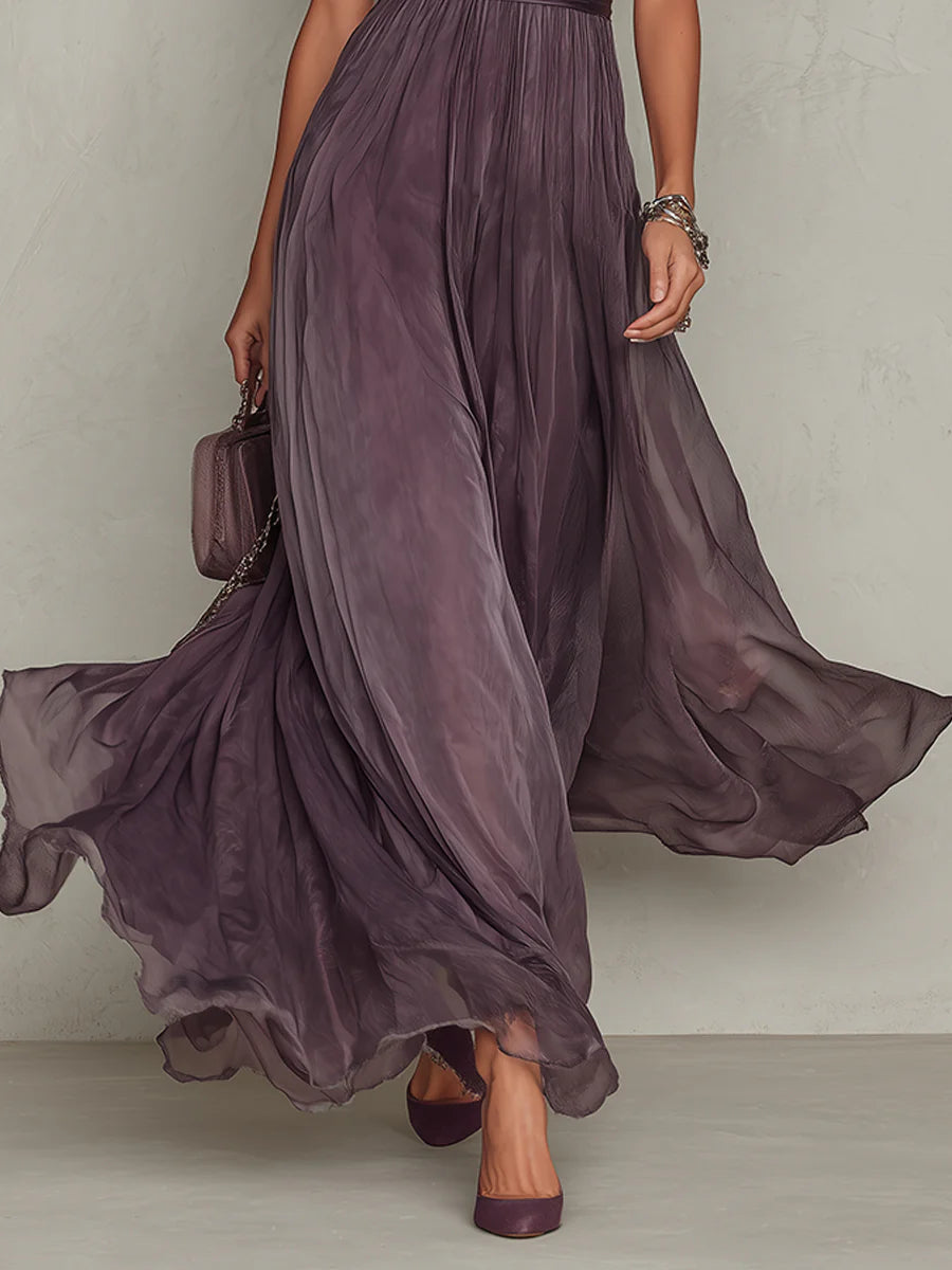 Florbela - Vestido largo de gasa morada con encaje y escote estilo ojo de cerradura vintage.