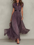 Florbela - Vestido largo de gasa morada con encaje y escote estilo ojo de cerradura vintage.