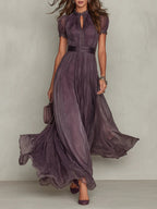 Florbela - Vestido largo de gasa morada con encaje y escote estilo ojo de cerradura vintage.