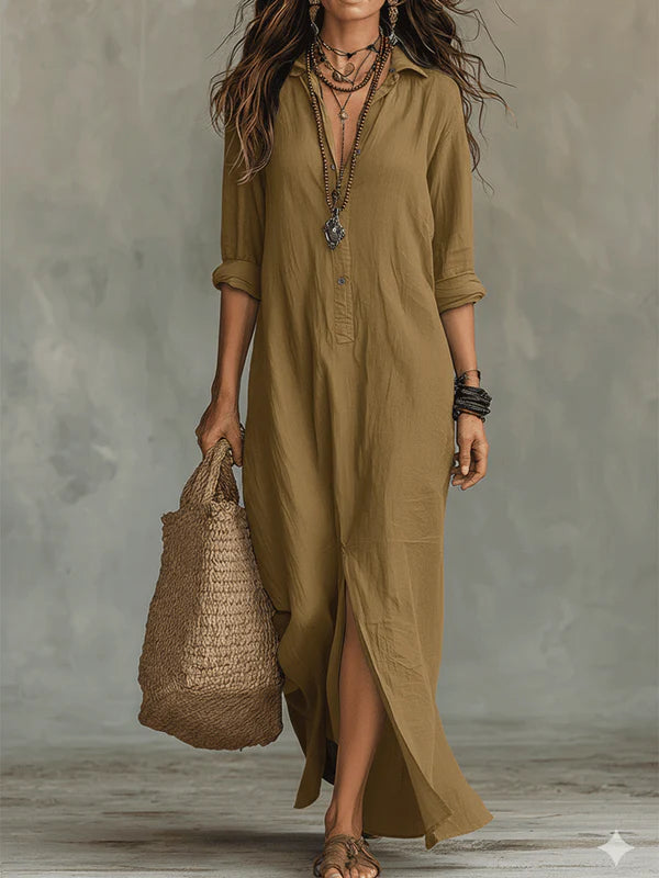 Linnen Dress Bohemio con botones delanteros
