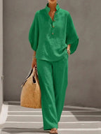 Sofia | Linen set with batwing sleeves and wide-leg trousers