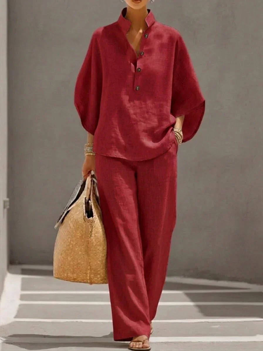 Sofia | Linen set with batwing sleeves and wide-leg trousers
