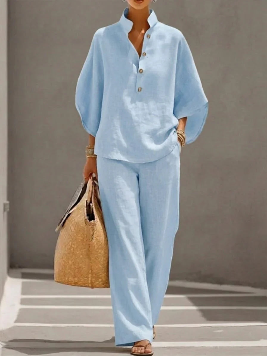 Sofia | Linen set with batwing sleeves and wide-leg trousers