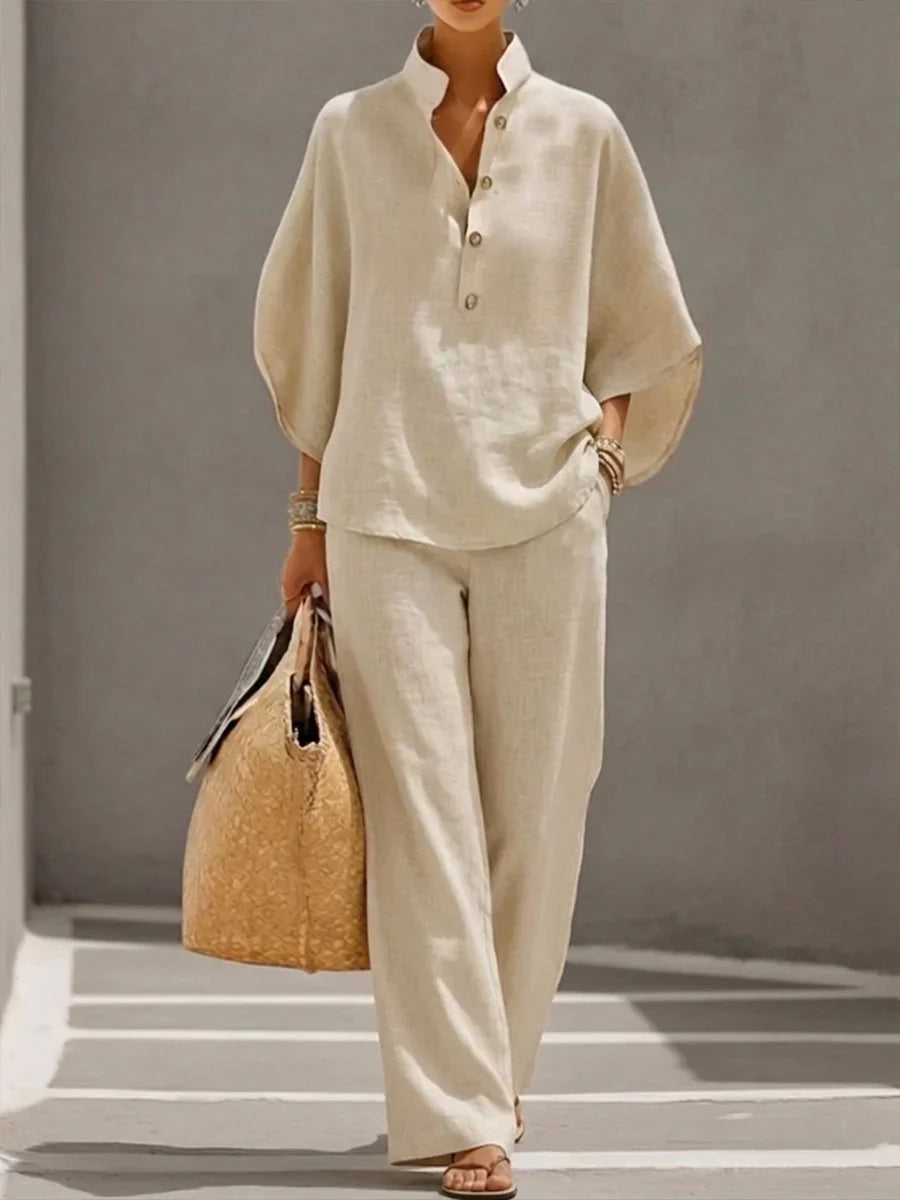 Sofia | Linen set with batwing sleeves and wide-leg trousers