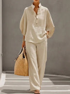 Sofia | Linen set with batwing sleeves and wide-leg trousers