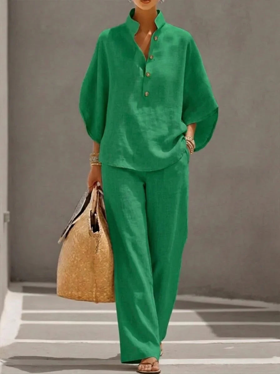 Sofia | Linen set with batwing sleeves and wide-leg trousers