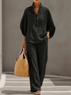 Sofia | Linen set with batwing sleeves and wide-leg trousers