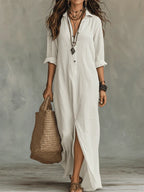 Linnen Dress Bohemio con botones delanteros